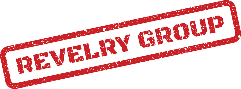 Rectangular grunge rubber stamp element with the words revelry group in a weathered ink style