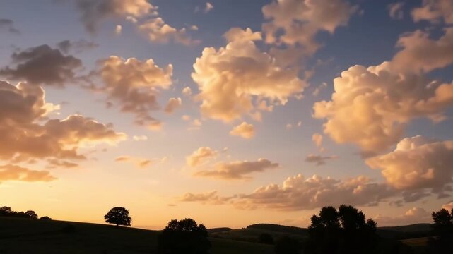 Dramatic sunset sky with cumulus clouds over rolling hills.