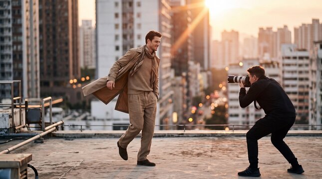 Professional photographer shooting a handsome male model posing in a trench coat on a city rooftop at sunset