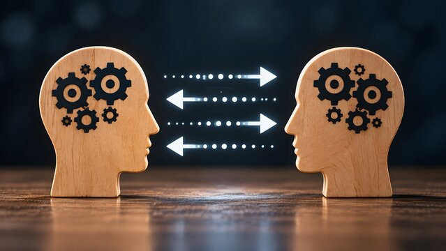 Wooden head silhouettes facing each other with internal mechanical gears and bidirectional arrows representing two-way communication knowledge transfer and collaborative thinking