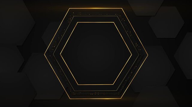 Gold hexagons form central frame honeycomb background subtle particles. luxury logos, award ceremonies, technology branding, premium products, corporate titles, gaming intros elegant presentations.