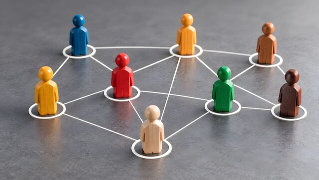 Colorful wooden figures connected by white lines on dark background representing business networking organizational structure and global team communication