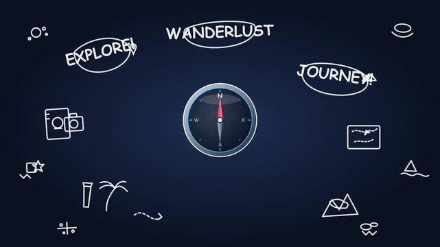 Modern navigation compass with hand drawn travel doodles on dark background