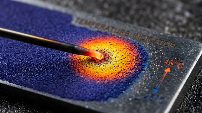 Close-up macro shot of a thermal temperature indicator strip testing high heat, vibrant orange, yellow and blue color-changing gradient.