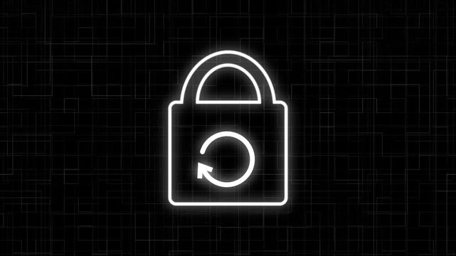Padlock icon animation displays a refresh cycle arrow on grid. Data privacy encryption reset updates on the padlock icon. System cybersecurity access synchronization clears lock icon.