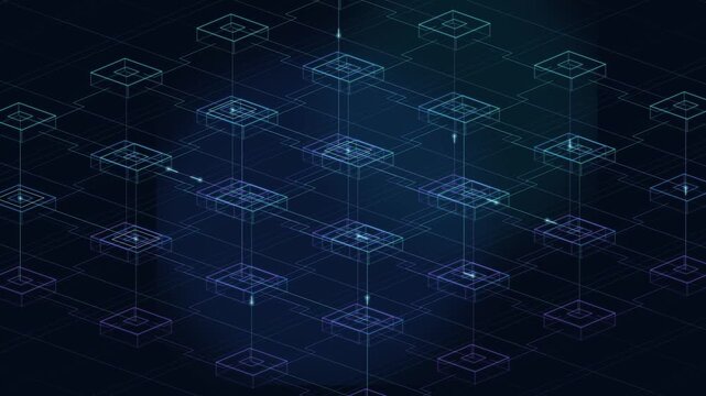 AI Infrastructure Wireframe Network with Layered Compute Nodes and Flowing Data Seamless Loop, Digital Background