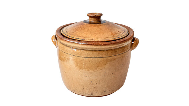Traditional round brown ceramic clay cooking pot lid isolated on transparent background.