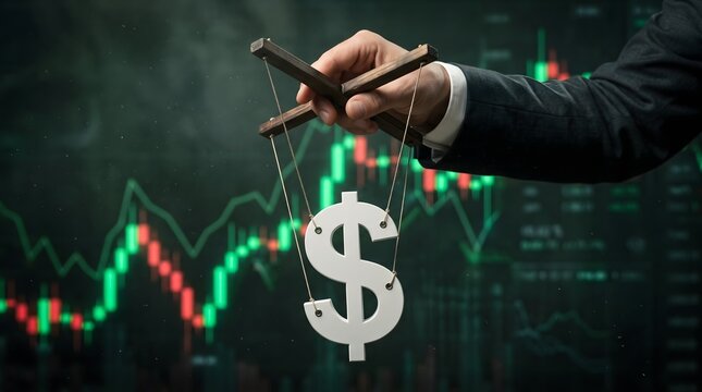 Businessman hand manipulating dollar symbol with strings on stock market background.
