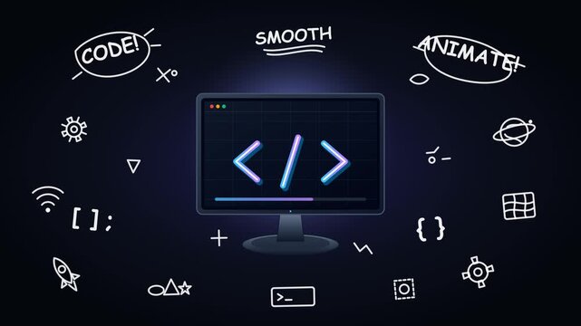 Creative software development illustration with neon code symbol and hand drawn tech doodles