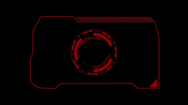 HUD frame animation displays a circular scanner on dark background. High tech telemetry screen borders shape this active HUD frame. Cyber surveillance control rooms use this modern HUD frame.