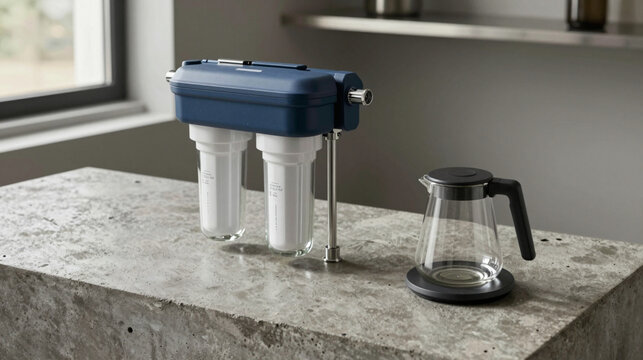 Under-sink water filtration system with dual cartridges and a glass carafe on a concrete countertop