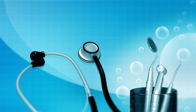 Dental tools arranged with a medical stethoscope on a blue abstract scientific background.