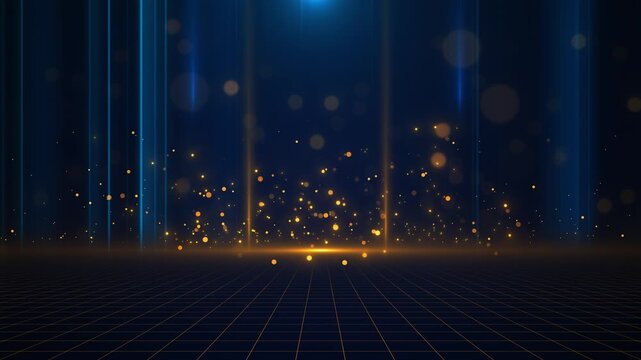 Blue and amber light a perspective grid particles gather horizon. futuristic stages, award ceremonies, technology launches, corporate events, product displays, broadcast openers digital presentations.