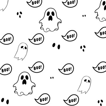 Cute seamless pattern featuring white ghosts and text bubbles that say BOO on a white background