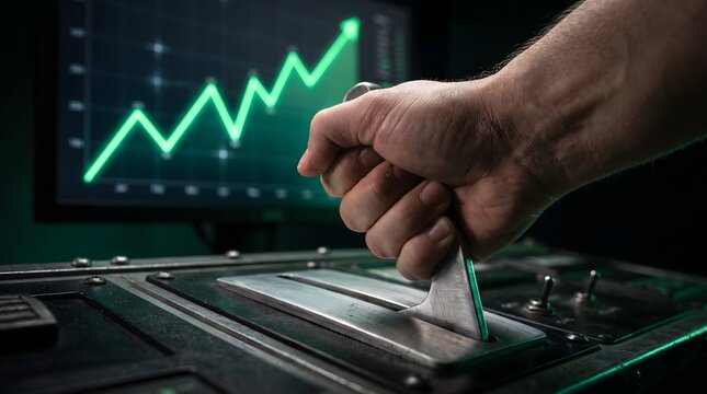 Control lever pulled forward by operator with green stock chart screen.