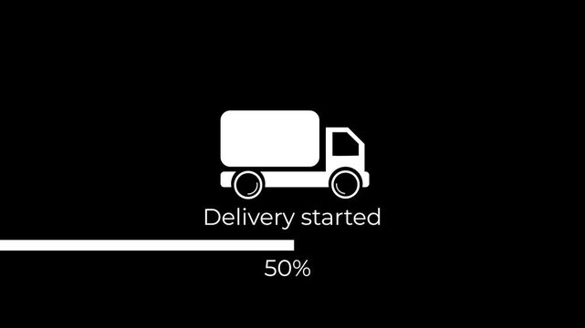 animated delivery started with moving truck icon and 100 percent progress bar completion.