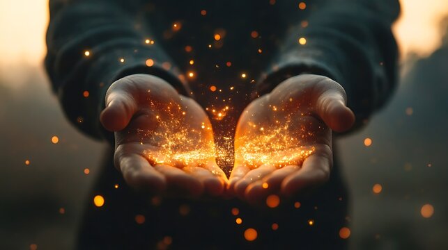 Open hands holding glowing golden particles and magical light, symbolizing positive energy, hope, healing, manifestation, generosity, opportunity and spiritual transformation