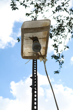 A seemingly simple streetlamp, set against a backdrop of the sky and tree branches.