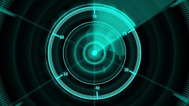 Radar screen animation displays a glowing globe and circles. Sonar target tracking telemetry coordinates guide the screen. High tech surveillance systems monitor on the radar screen.