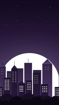 Minimalist city skyline illustration at night with skyscrapers moon and light trails. City parallax motion loop