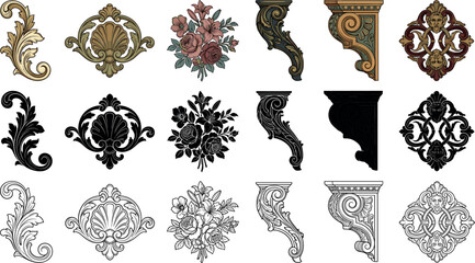 Vintage baroque architectural element vector set featuring classical corbel brackets floral bouquets ornaments colorful silhouettes and detailed line art designs. © AFSANA AKTER