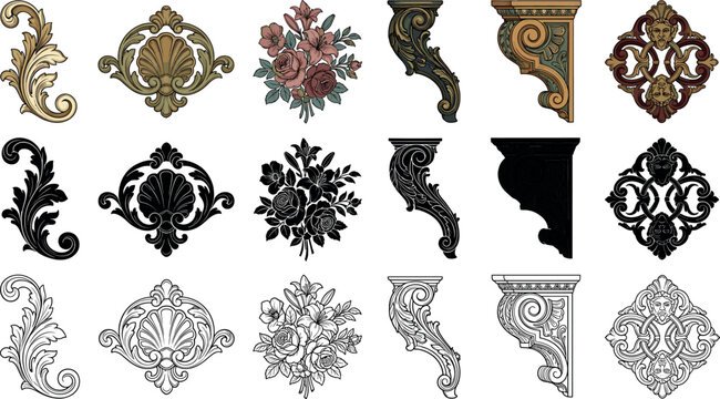 Vintage baroque architectural element vector set featuring classical corbel brackets floral bouquets ornaments colorful silhouettes and detailed line art designs.