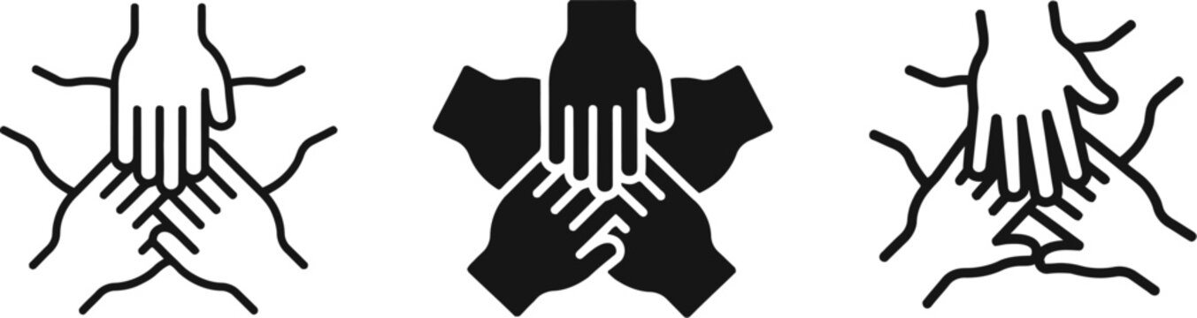 unity and teamwork vector icon set featuring stacked hands concept for partnership, collaboration, support, and business agreement isolated on white background