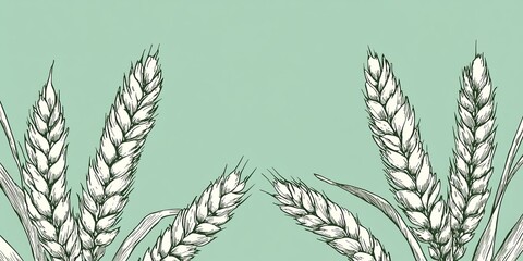 Obraz premium Elegant thin line drawing of rustic wheat stalks on a seafoam green watercolor background design.
