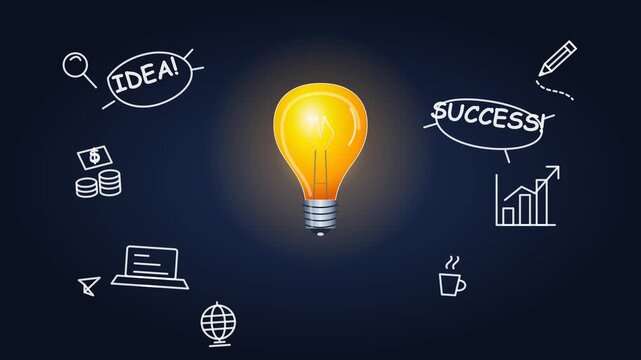 Glowing light bulb surrounded by business doodles symbolizing idea and success on dark background