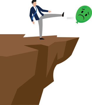 Frustration management and problem elimination concept vector illustration. Businessman kicking sad green balloon off a cliff edge. Isolated on transparent background