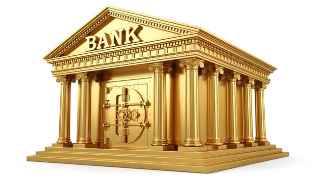 Golden bank building facade with large vault door and ionic columns.