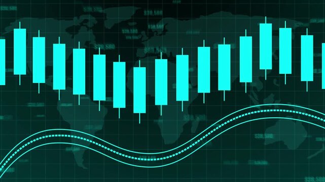 Stock chart animation displays candlestick trends on world map. Global financial market analytics update on the stock chart. International trading revenue data guides active stock chart.