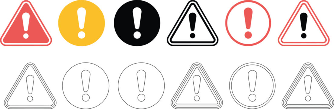 Warning and attention alert icons featuring exclamation marks inside triangles and circles in various colors including red, yellow, black, and outline styles