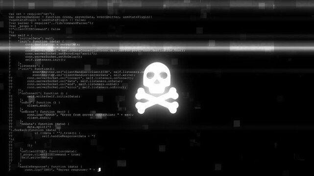 Bright skull crossbones appears computer code scan lines digital glitches. malware warnings, cyber attacks, hacking reports, data breaches, virus online security education new 19 news