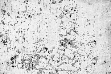 Fototapeta premium White Distressed Wall Grunge Texture. Weathered white wall surface with scratches, peeling marks, stains, worn plaster detail. Light monochrome grunge background, copy space for graphic design