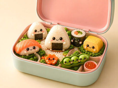 Kawaii Lunchbox with Rice Balls Sushi and Vegetables