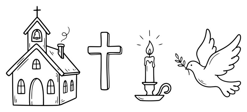 Christian church and religious symbols set featuring chapel cross candle and dove in outline doodle vector style