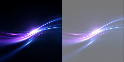Abstract blue and purple light trail wave. Dynamic glowing neon curves on black and transparent background. Motion energy design element © Pro_Light