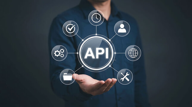 Businessman holding virtual API network interface with icons for integration