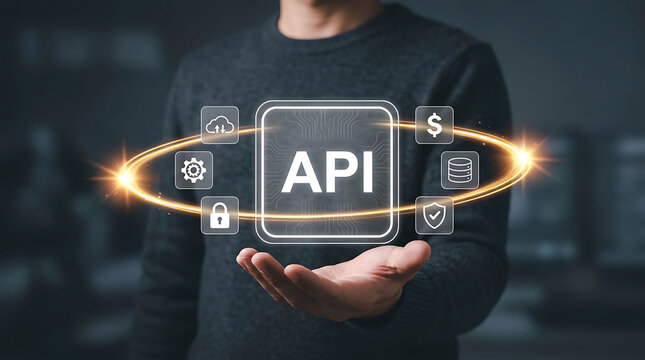 Man holding a glowing digital API microchip interface with various icons