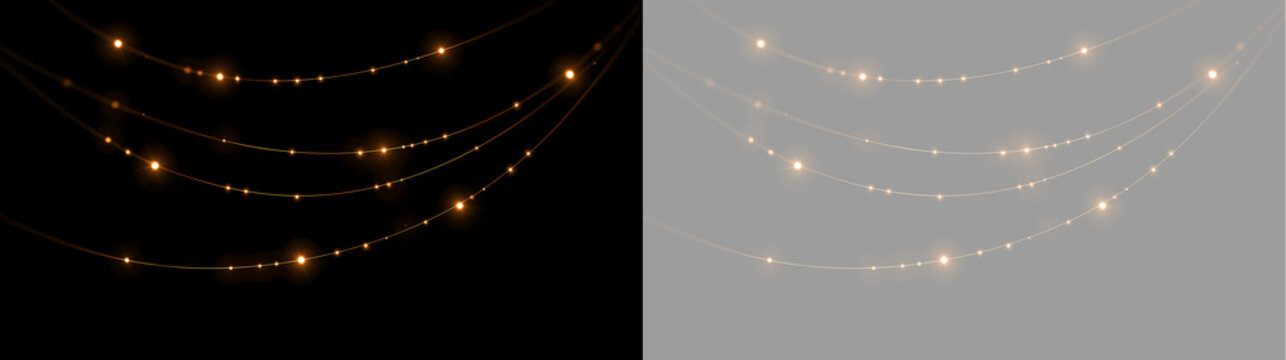 Golden fairy lights hanging on black and transparent background. Glowing Christmas string lights vector asset. Warm yellow garland light bulbs for festive holiday decoration