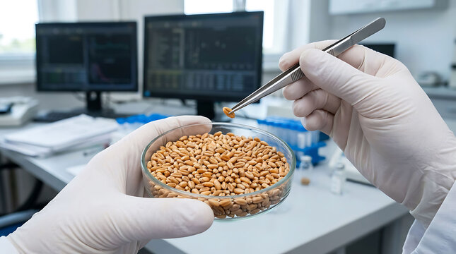 Scientist analyzing wheat seeds with tweezers in a laboratory environment