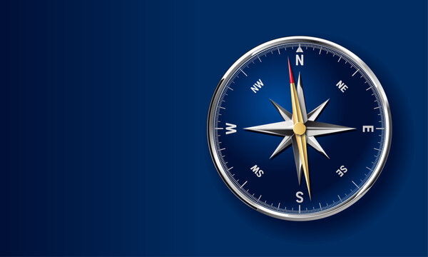 Detailed, shiny glossy, chrome metallic vector compass on a dark blue background with a golden compass needle