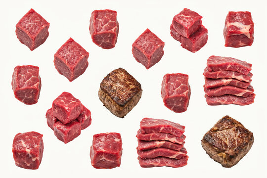 Assortment of fresh raw beef cubes and seared steak pieces isolated on a white background with raw meat