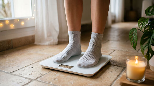 Person wearing grey socks standing on a digital scale in a cozy home setting