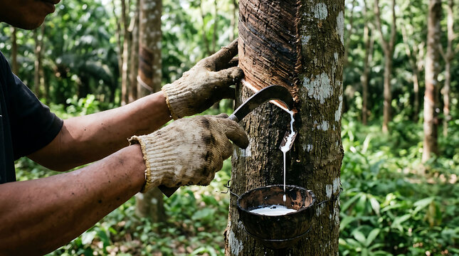 Rubber tapping worker harvesting white latex sap from tree in tropical forest
