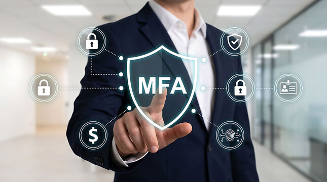 Businessman touching holographic shield with MFA acronym in office setting