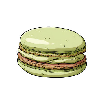 Hand drawn illustration of a single green macaron cookie on black background