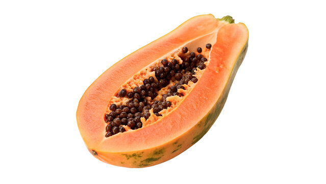 Fresh ripe slice of tropical exotic papaya fruit isolated on transparent background.