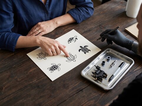 Client choosing turtle tattoo designs at studio